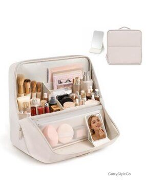 Standing Folding PU Leather Travel Makeup Bag Cosmetic Organizer with Handle